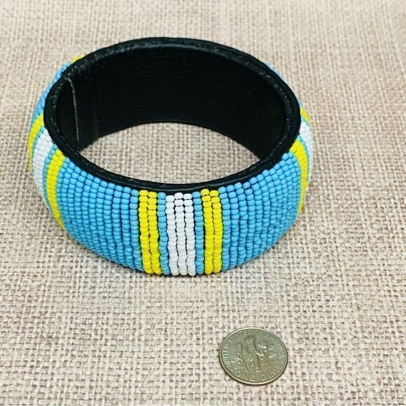 Blue White yellow Wide Seed Bead Bangle Bracelet - Picture 2 of 2